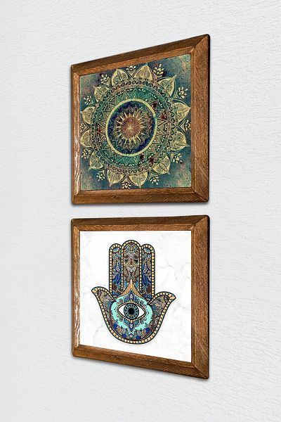 Pinecone Mandala, Mâna Domnii Fatma (Hamsa) Pictură pe perete din piatră Decor de perete cu rame din lemn Pictură din 2 piese -W2-57-