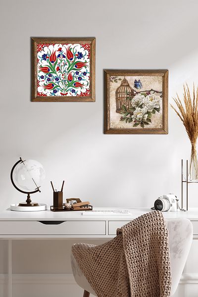 Pinecone Tulip, Butterfly Flower Stone Wall Painting Wooden Framed Wall Decor 2 Piece Painting Set -W2-292-