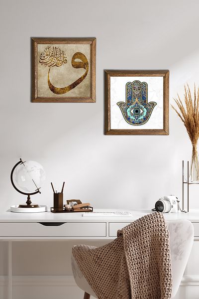 Pinecone Vav, Fatma Ana Hand (Hamsa) Pictură pe perete din piatră Decor de perete cu rame din lemn Set de 2 picturi -W2-35-