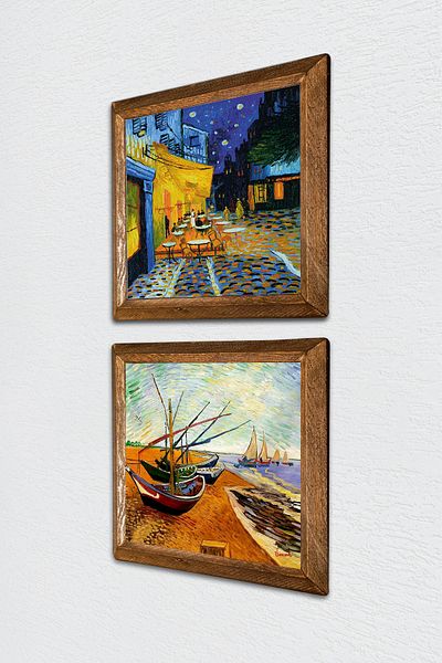 Pinecone Van Gogh Cafe Terrace at Night, Fishing Boats Stone Wall Painting Framed Wall Decor -W2-392-