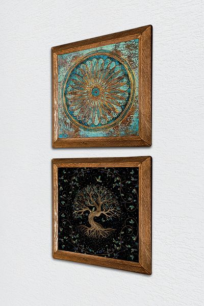 Pinecone Floarea vieții, Arborele vieții Pictură pe perete din piatră cu rame din lemn Decor de perete Set de pictură din 2 piese -W2-433-