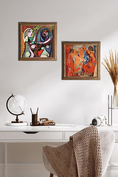 Pinecone Picasso Girls of Avignon, Girl in front of the Mirror Stone Wall Painting Framed Wall Decor -W2-601-