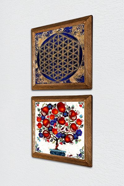 Pinecone Floarea vieții, pictură pe perete din piatră de pom de rodie, decor de perete cu rame din lemn, set de pictură din 2 piese -W2-163-