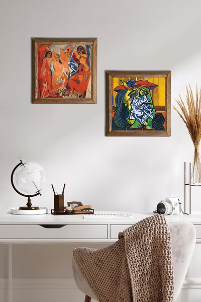 Pinecone Picasso plângând femei, fete din Avignon pictură pe perete din piatră decor de perete cu rame din lemn -W2-603-