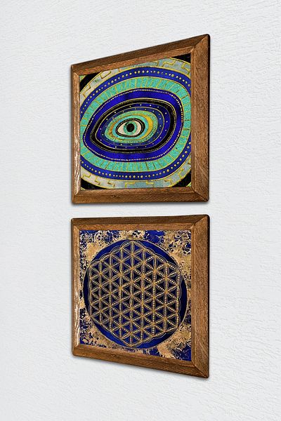 Pinecone Evil Eye, Flower of Life Stone Wall Painting Wooden Framed Wall Decor Set of 2 Painting Wall Art -W2-455-