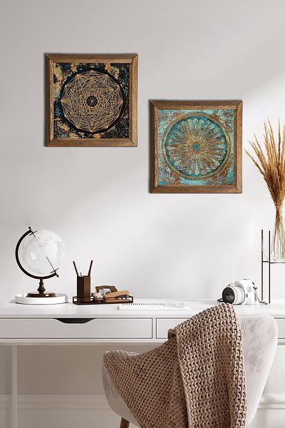 Pinecone Sri Yantra, Floarea Vieții Pictură pe perete din piatră Decor de perete cu rame din lemn Set de pictură 2 piese -W2-513-