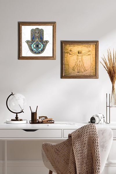 Pinecone Leonardo Da Vinci Vitruvian Man, Fatma Mother Hand Stone Wall Painting Framed Wall Decor -W2-09-
