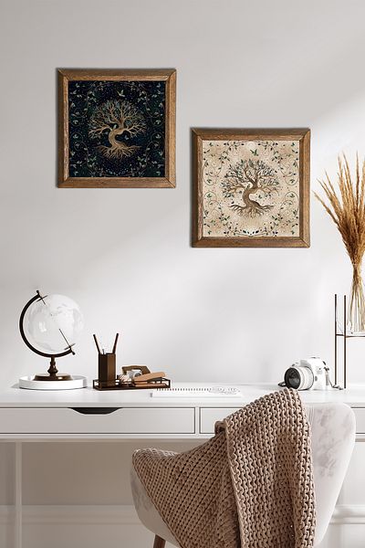 Pinecone Arborele vieții Pictură pe perete din piatră Decor de perete cu rame din lemn Set de pictură din 2 piese Artă de perete -W2-203-