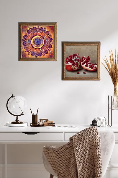 Pinecone Mandala, Pomegranate Stone Wall Painting with Wooden Frame Wall Decor 2 Piece Painting Set Wall Art -W2-244-