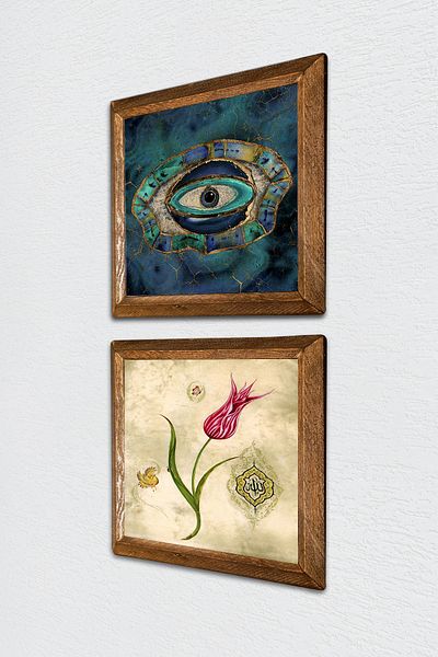 Pinecone Evil Eye, Lalele Pictură pe perete din piatră Decor de perete cu rame din lemn Set de pictură din 2 piese Artă de perete -W2-699-