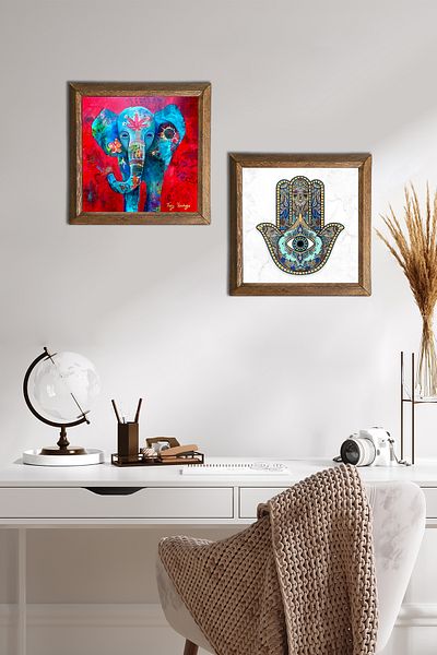 Pinecone Elefant, Fatma Ana Hand (Hamsa) Pictură pe perete din piatră Decor de perete cu rame din lemn Set de 2 picturi -W2-54-