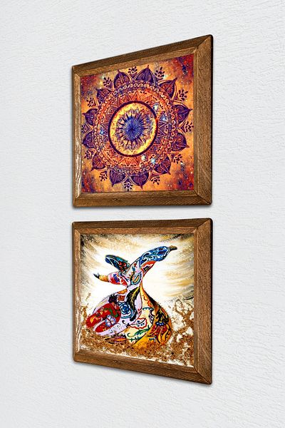 Pinecone Mandala, pictură pe perete cu piatră de stăpâne, decor de perete cu rame din lemn, set de pictură din 2 piese, artă de perete -W2-630-