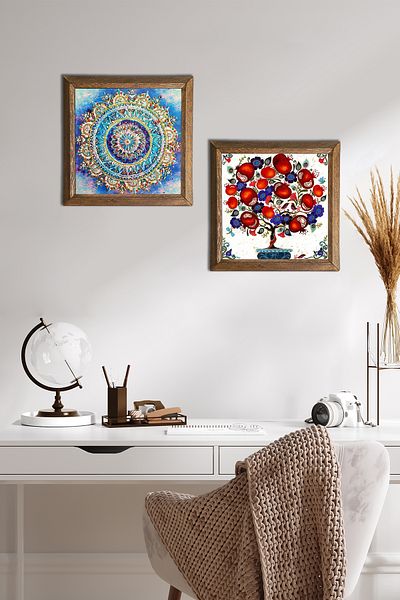 Pinecone Mandala, Pomegranate Tree Stone Wall Painting Wooden Framed Wall Decor Set of 2 Painting Wall Art -W2-180-