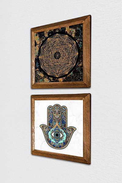 Pinecone Sri Yantra, Fatma Mâna (Hamsa) Pictură pe perete din piatră Decor de perete cu rame din lemn Pictură din 2 piese -W2-50-