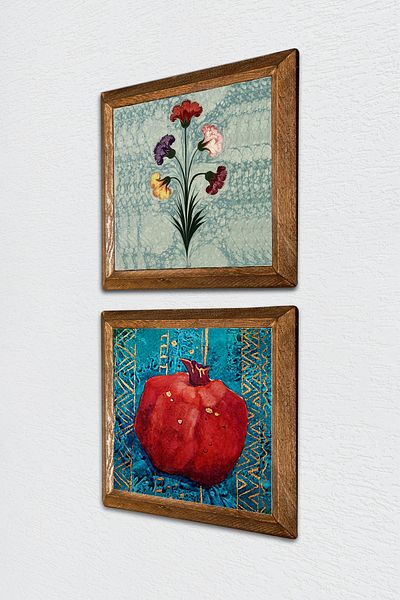 Pinecone Ebru Art, Pictură pe perete din piatră de rodie Decor de perete cu rame din lemn Set de pictură din 2 piese Wall Art -W2-136-