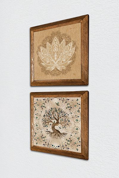Pinecone Lotus Flower, Tree of Life Stone Wall Painting with Wooden Frame Wall Decor 2 Piece Painting Set -W2-208-
