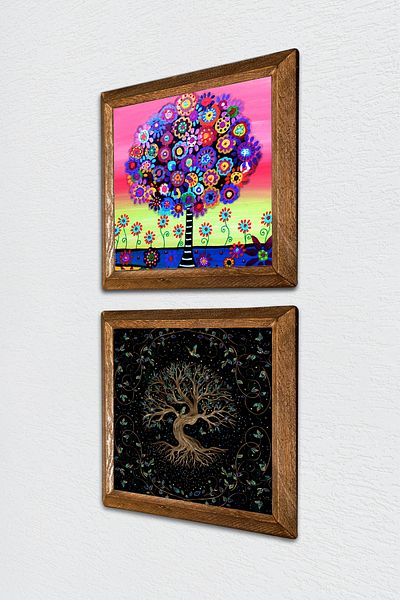 Pinecone Pictură pe perete din piatră Arborele Vieții Decor de perete cu rame din lemn Set de pictură din 2 piese Artă de perete -W2-658-