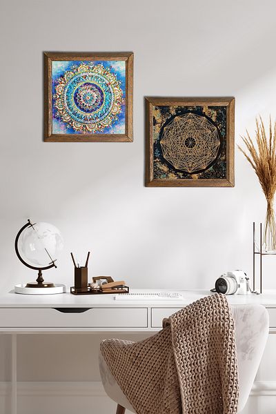 Pinecone Mandala, Sri Yantra Stone Wall Painting Ξύλινο πλαίσιο Διακόσμηση τοίχου Σετ ζωγραφικής 2 τεμαχίων Wall Art -W2-555-