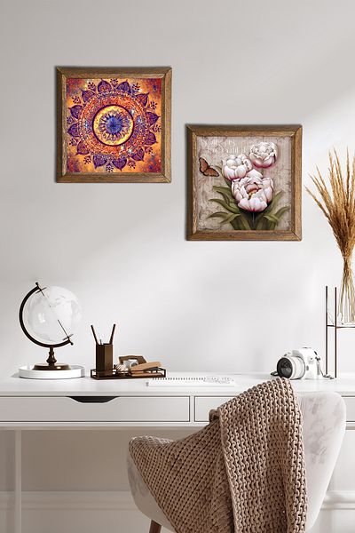 Pinecone Mandala, Butterfly Flower Stone Wall Painting with Wooden Frame Wall Decor 2 Piece Painting Set -W2-311-