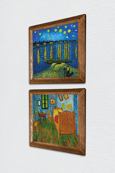 Pinecone Van Gogh Rhine River, Stone Wall Painting for Bedroom Wood Framed Wall Decor 2 Piece Painting -W2-397-