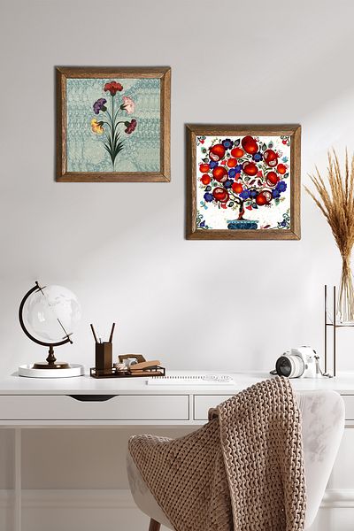 Pinecone Artă marmorată, pictură pe perete din piatră de rodie, decor de perete cu rame din lemn, set de pictură din 2 piese -W2-185-