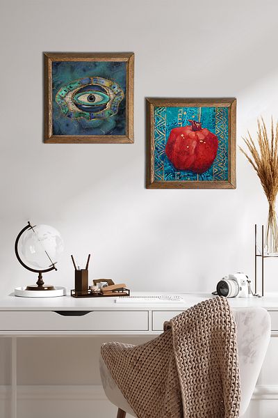 Pinecone Evil Eye, Pomegranate Stone Wall Painting with Wooden Frame Wall Decor 2 Piece Painting Set Wall Art -W2-128-