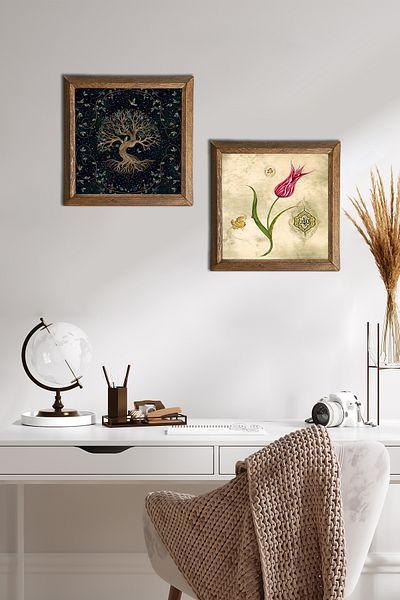 Pinecone Tree of Life, Tulip Stone Wall Painting Wood Framed Wall Decor 2-Piece Painting Set Wall Art -W2-693-