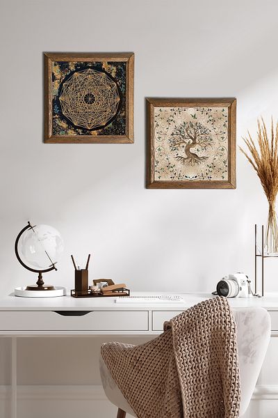 Pinecone Sri Yantra, Pictură pe perete din piatră Arborele Vieții Decor de perete cu rame din lemn Set de pictură 2 piese -W2-213-