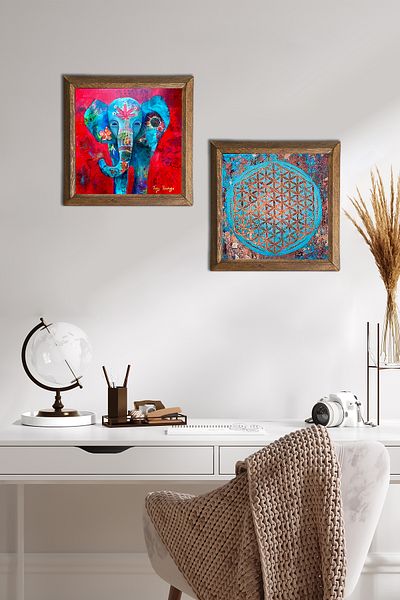 Pinecone Elephant, Flower of Life Stone Wall Painting with Wooden Frame Wall Decor Set of 2 Painting Wall Art -W2-545-