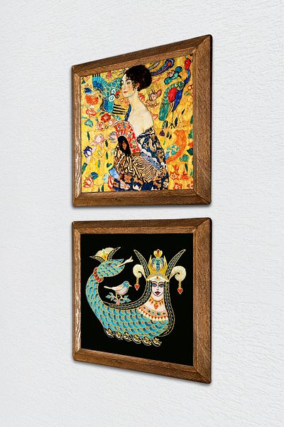 Pinecone Gustav Klimt Woman with a Fan, Shahmeran Stone Wall Painting with Wood Frame Wall Decor -W2-277-