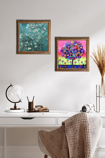 Pinecone Van Gogh Almond Tree, Tree of Life Stone Wall Painting Wooden Framed Wall Decor Set of 2 Painting -W2-652-