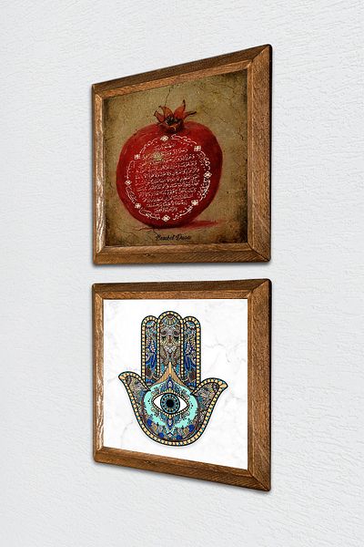 Pinecone Fertility Prayer, Fatma Mother Hand (Hamsa) Stone Wall Painting Wooden Framed Wall Decor -W2-18-