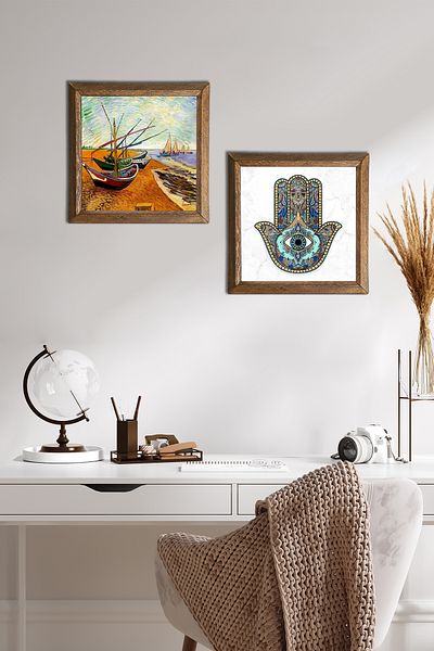 Pinecone Van Gogh Fishing Boats, Fatma Mother Hand (Hamsa) Stone Wall Painting Framed Wall Decor -W2-72-