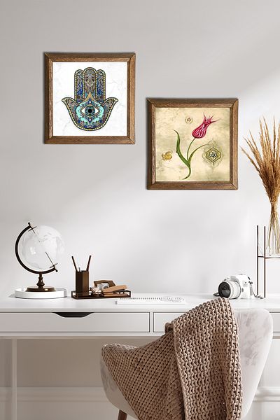 Pinecone Lalea, Fatma Ana Hand (Hamsa) Pictură pe perete din piatră Decor de perete cu rame din lemn Set de 2 picturi -W2-704-