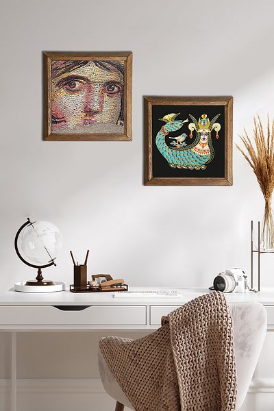 Pinecone Gypsy Girl Mosaic, Shahmeran Stone Wall Painting Wooden Framed Wall Decor 2-Piece Table -W2-238-
