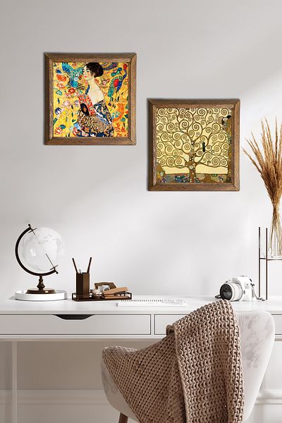 Pinecone Gustav Klimt Woman with Fan, Tree of Life Stone Wall Painting Wood Framed Wall Decor -W2-355-