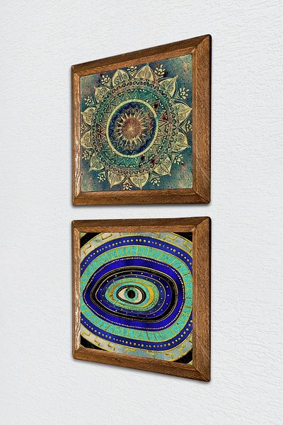 Pinecone Mandala, Piatra de ochi rău Pictură pe perete Decor de perete cu rame din lemn Set de pictură din 2 piese Artă de perete -W2-563-