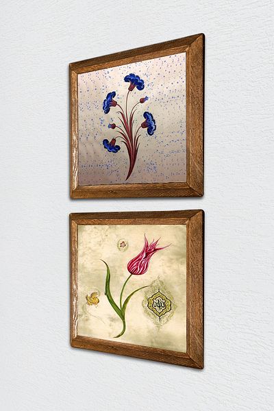 Pinecone Artă marmorată, pictură pe perete cu piatră de lalele, decor de perete cu rame din lemn, set de 2 picturi, artă de perete -W2-702-