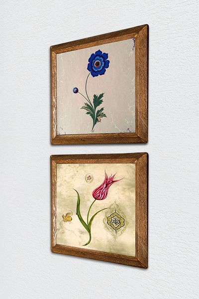 Pinecone Marbling Art, Tulip Stone Wall Painting with Wooden Frame Wall Decor Set of 2 Painting Wall Art -W2-692-