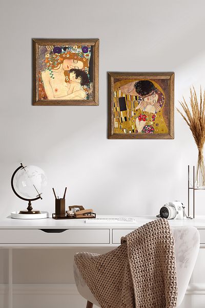 Pinecone Gustav Klimt Mamă Copil, Sărut Piatră Pictură Perete Decor Perete Cadru Lemn 2 Picturi -W2-356-