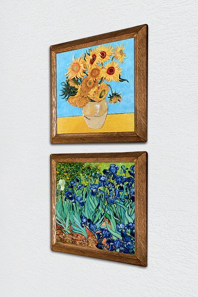 Pinecone Van Gogh Twelve Sunflowers Vase, Irises Stone Wall Painting Wood Framed Wall Decor -W2-384-