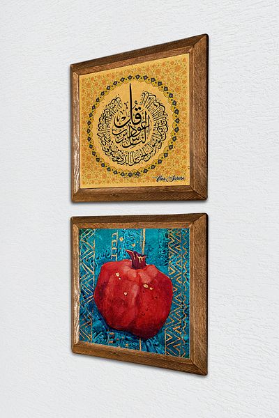 Pinecone Nas Suresi, pictură pe perete cu piatră de rodie, decor de perete cu cadru din lemn, set de pictură din 2 piese, artă de perete -W2-140-