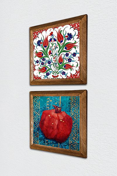 Pinecone Lalele, pictură pe perete cu piatră de rodie, decor de perete cu rame din lemn, set de pictură din 2 piese, artă de perete -W2-121-