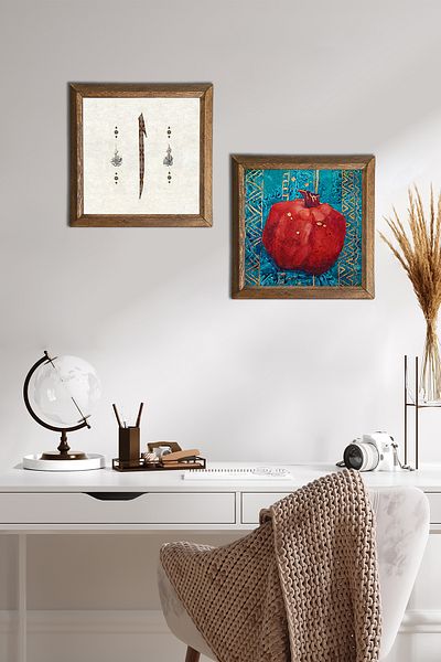 Pinecone Elif, Pomegranate Stone Wall Painting with Wooden Frame Wall Decor 2 Piece Painting Set Wall Art -W2-110-