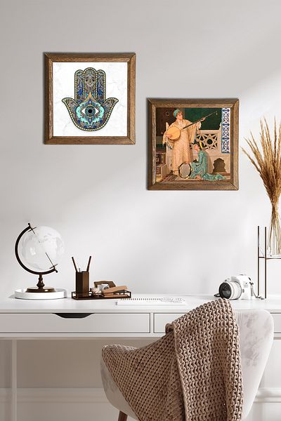 Pinecone Two Musicians Girl Painting, Fatma Mother Hand (Hamsa) Stone Wall Painting Framed Wall Decor -W2-11-