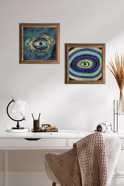 Pinecone Evil Eye Stone Wall Painting Wooden Framed Wall Decor 2 Piece Painting Set Wall Art -W2-560-