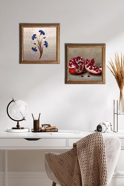 Pinecone Artă marmorată, pictură pe perete din piatră de rodie cu cadru din lemn Decor de perete Set de pictură din 2 piese Artă de perete -W2-247-