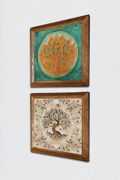 Pinecone Floarea Lotusului, Arborele Vieții Pictură pe perete din piatră cu cadru din lemn Decor de perete Set de pictură 2 piese -W2-211-