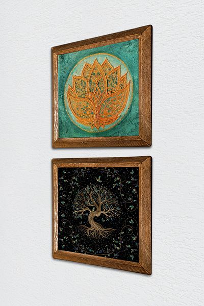 Pinecone Lotus Flower, Tree of Life Stone Wall Painting with Wooden Frame Wall Decor 2 Piece Painting Set -W2-435-