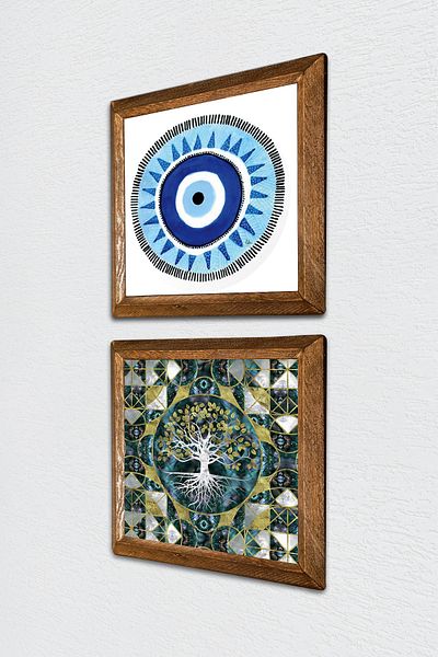 Pinecone Evil Eye, Tree of Life Stone Wall Painting Wooden Framed Wall Decor Set of 2 Painting Wall Art -W2-593-